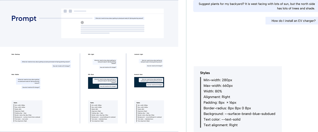 Prompt component split-panel showing chat mockup and component variations
