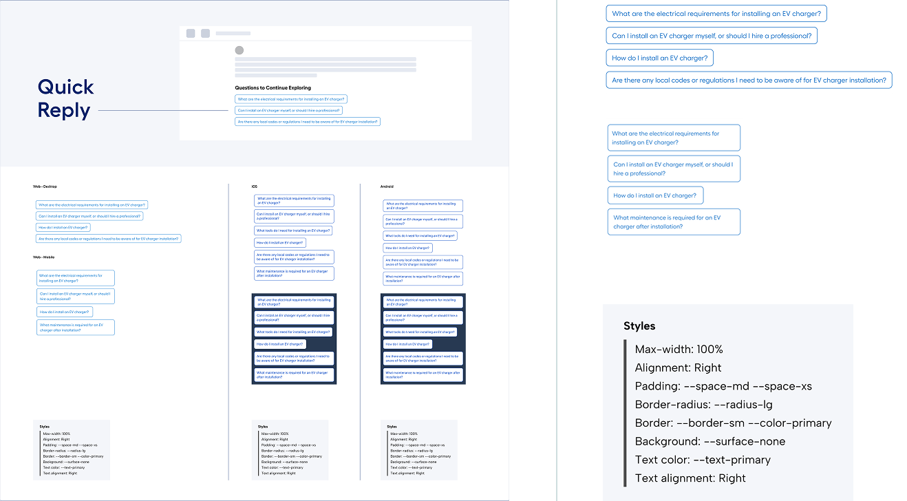 Quick Reply component split-panel showing responsive variations